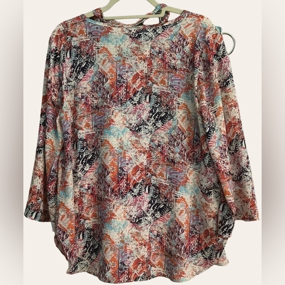 CATO Pink/Coral/Blue/Cream Mosaic Paisley Pattern Top w/Tie at Neck, Large, GUC. - Picture 8 of 8